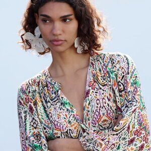 Zara Colorful Geo Print Flowy Button Down Top - Size S